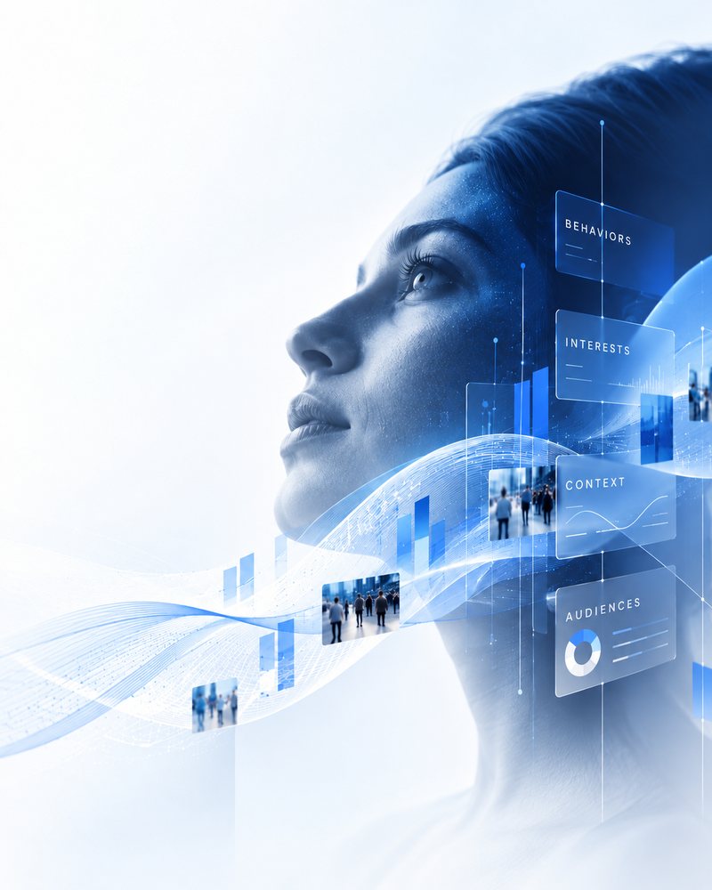 Profile of a woman next to panels with audience data
