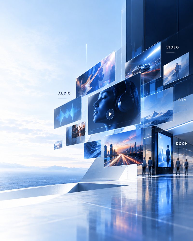 Floating screens with video, audio, CTV and DOOH in front of a building