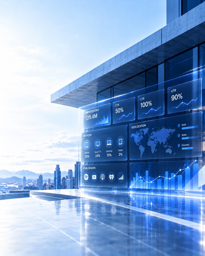 Results dashboard with charts on a glass facade