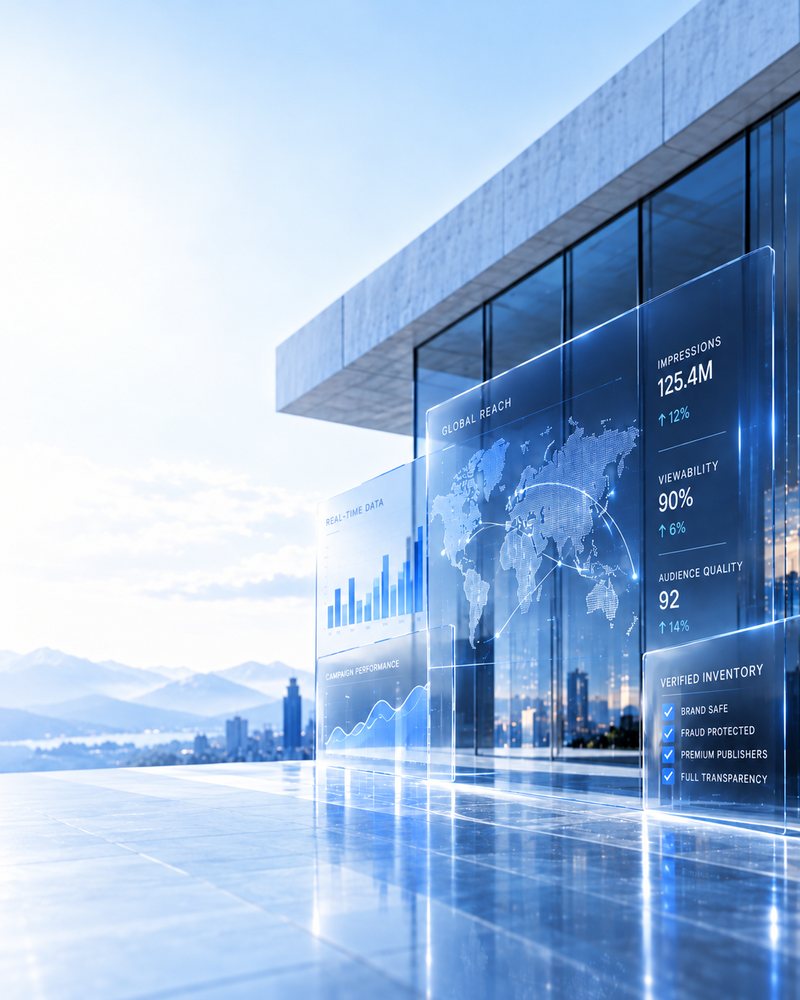 Glass facade with panels of metrics and verified inventory