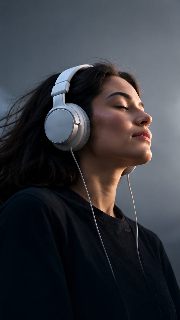 Woman with headphones listening to music with her eyes closed