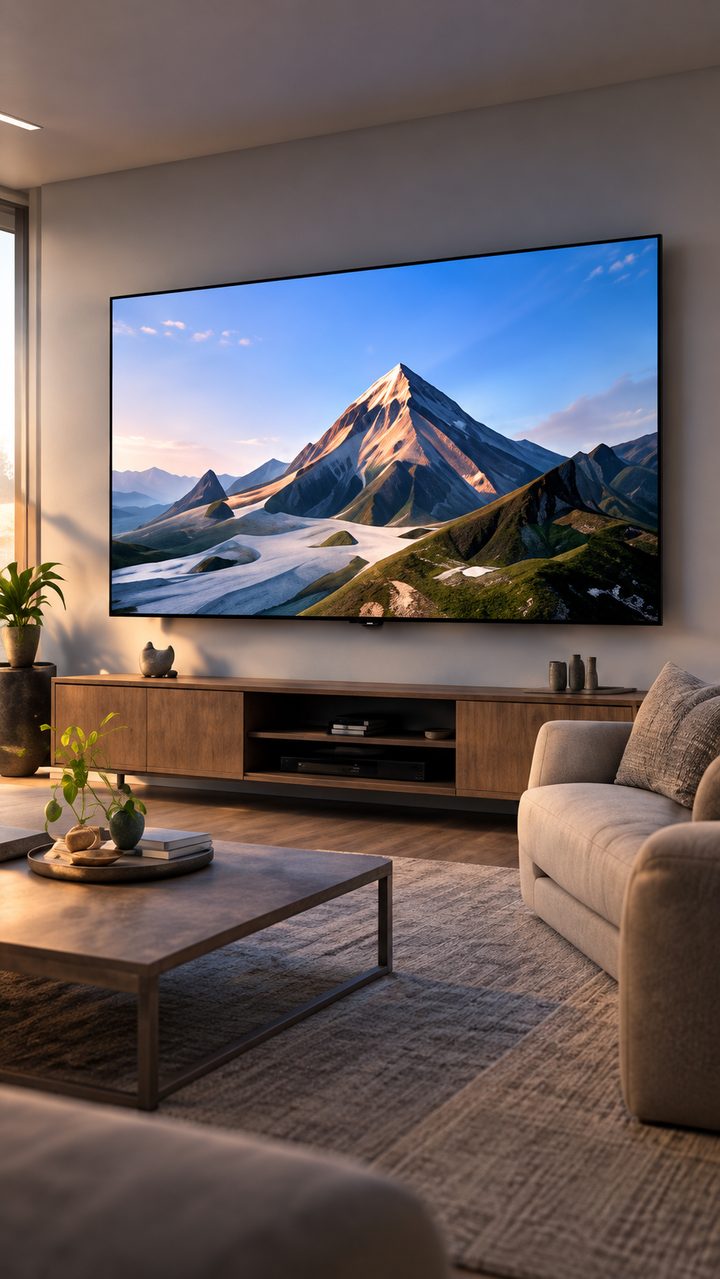 Bright living room with a TV showing a mountain