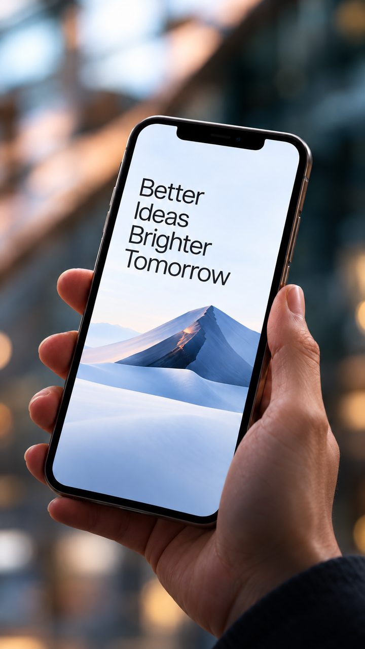 Hand holding a smartphone with a mountain ad