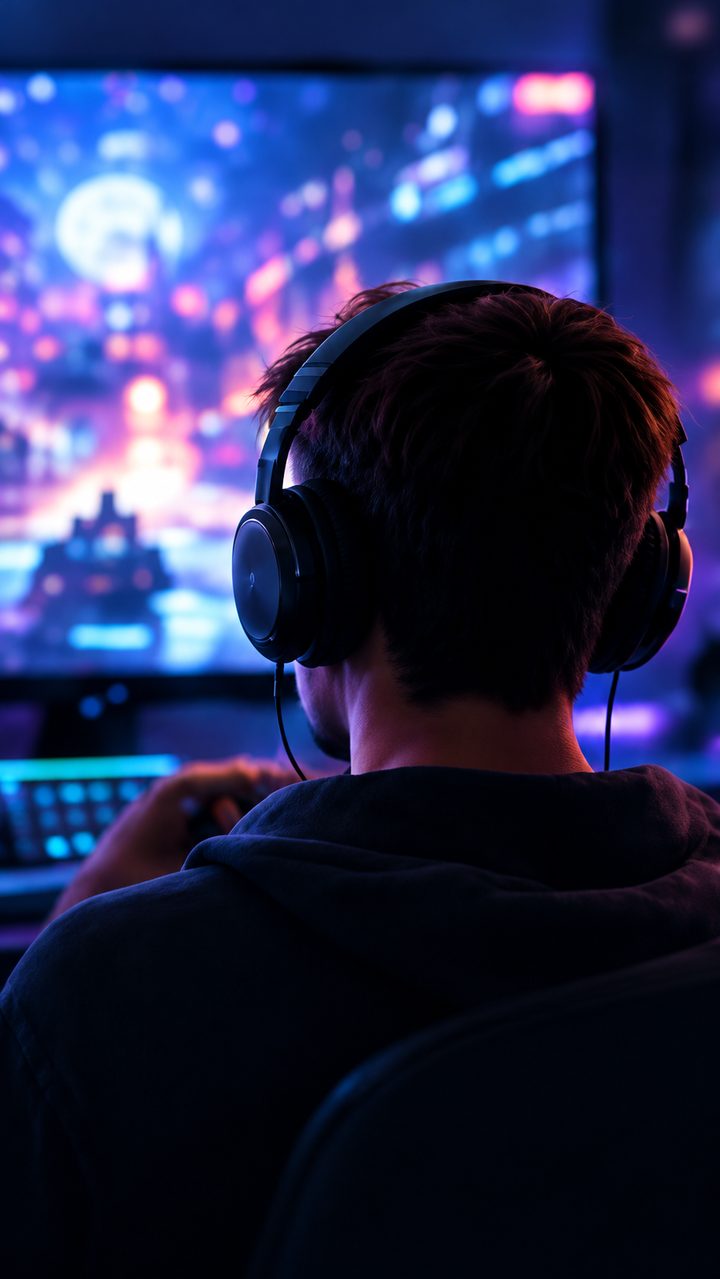 Person with headphones in front of a video game screen