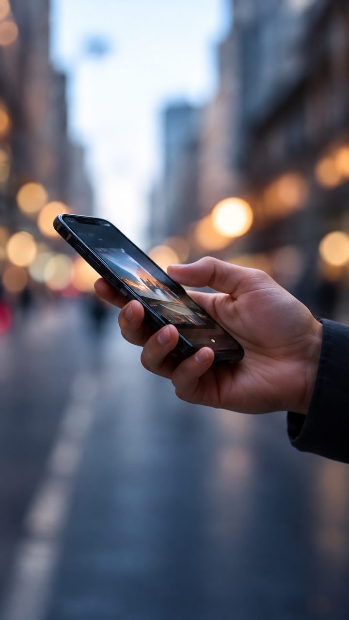 Hand using a smartphone on a city street