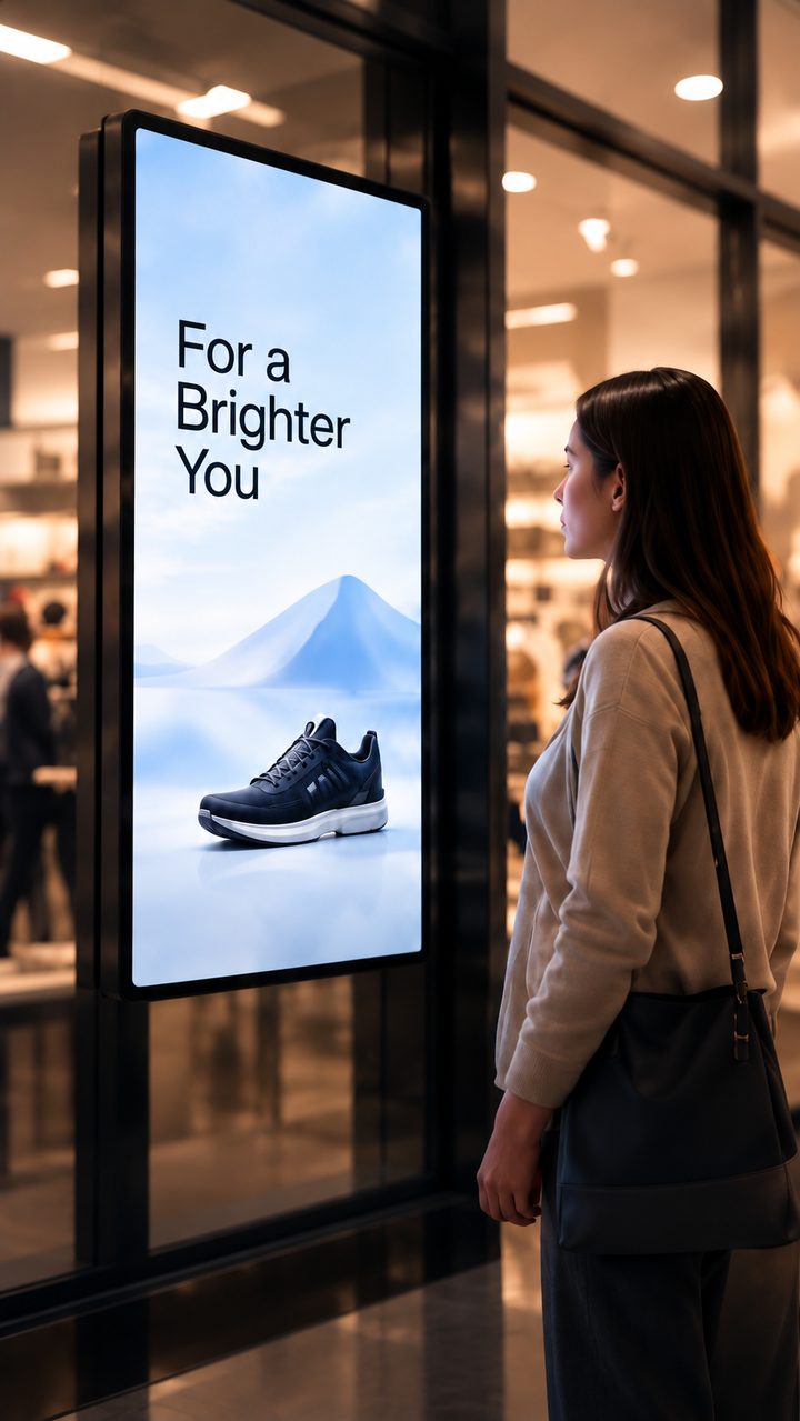 Woman looking at a digital shop window with a sneaker ad