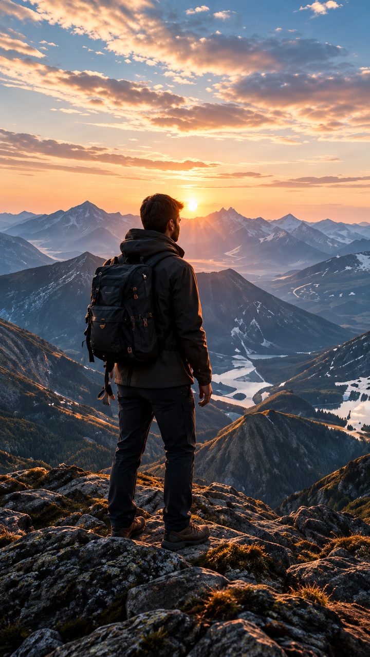Person with a backpack looking at mountains at sunrise